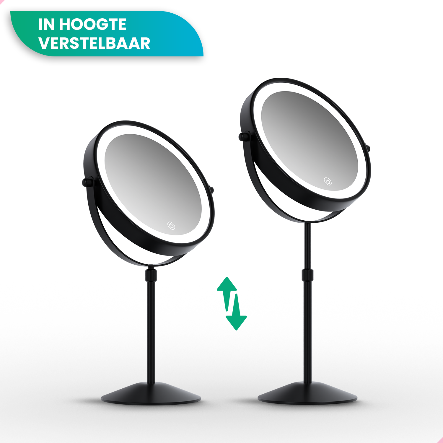 Two lighted makeup mirrors on stands, height adjustment indicated.