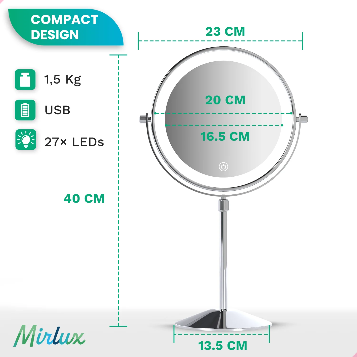 A lighted makeup mirror with dimensions 23x40cm, 1.5kg, USB, 27 LEDs.