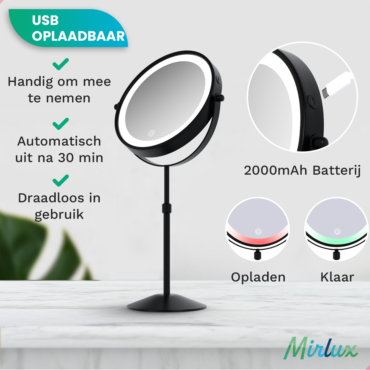 A lighted makeup mirror with USB charging and battery.