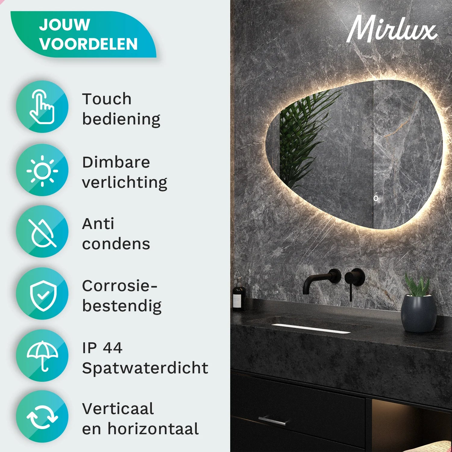Badkamerspiegel met verlichting, touch-bediening en anti-condens functie.