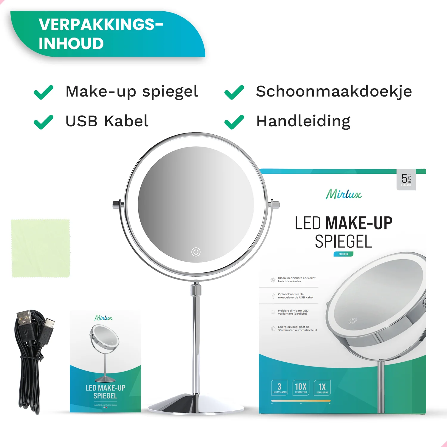 LED makeup mirror with USB cable, cleaning cloth, and manual.