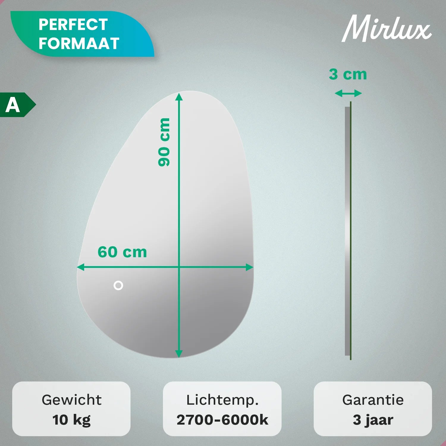 Ovaal spiegel: 60x90cm, 3cm diep. 10kg. Licht 2700-6000k. 3 jaar garantie.