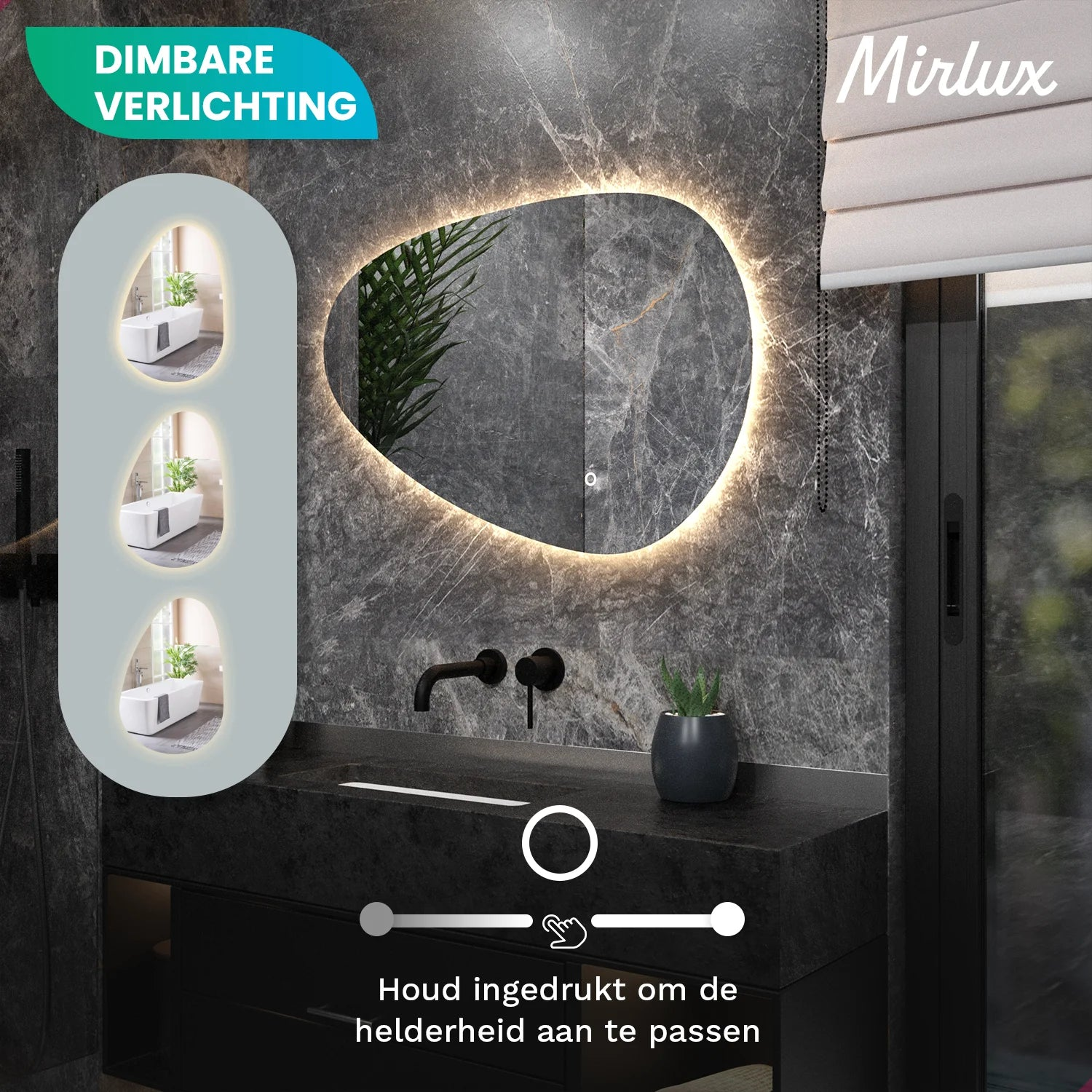 Badkamer met spiegel, wastafel en kranen. Dimbare verlichting.