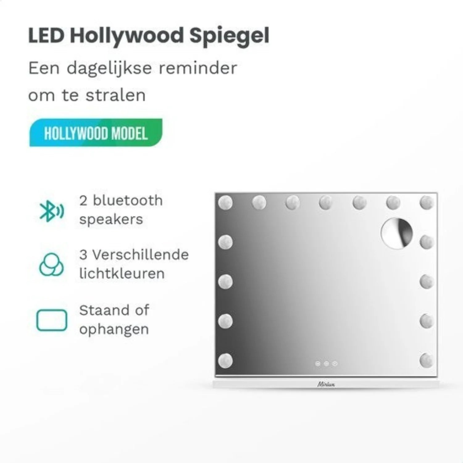 Hollywood mirror with LEDs, 2 Bluetooth speakers, 3 light colors.