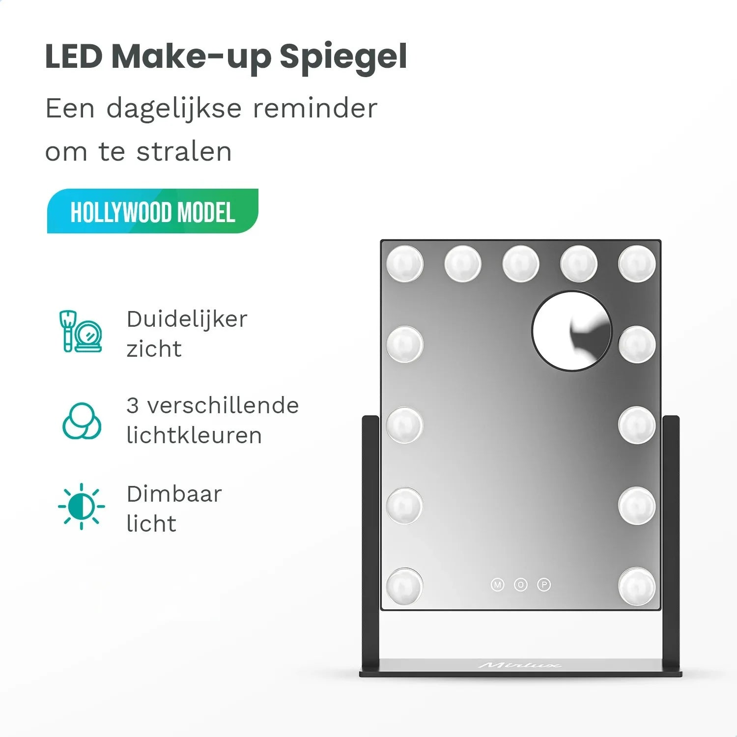 A Hollywood model makeup mirror with 12 LEDs, three light colors, and dimmable function.