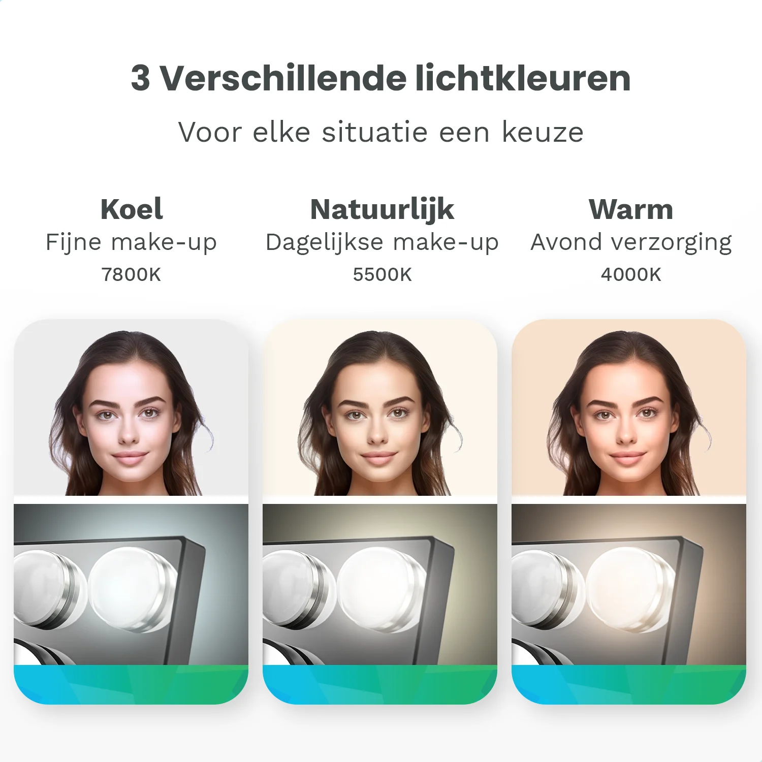 Three light colors: Cool (7800K), Natural (5500K), Warm (4000K).