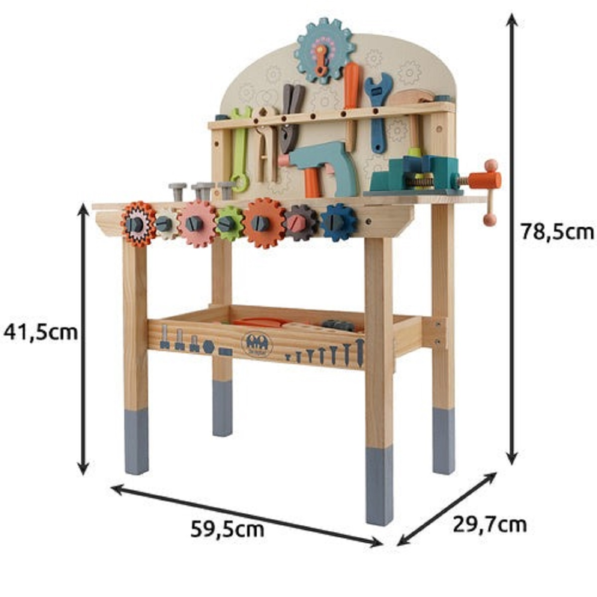 Banco de trabajo de madera para niños con herramientas y engranajes.