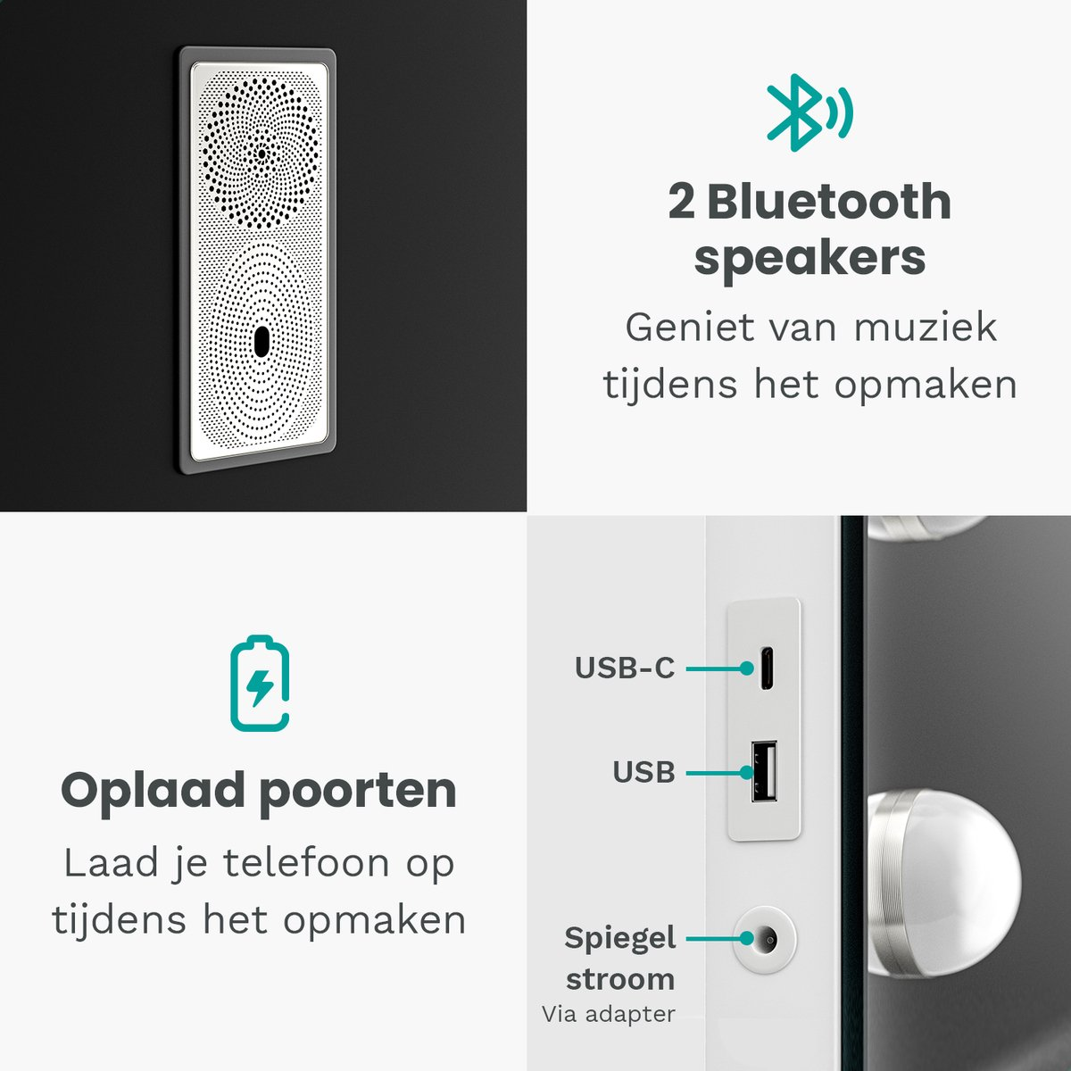A mirror with speakers and charging ports: USB-C, USB, and power.