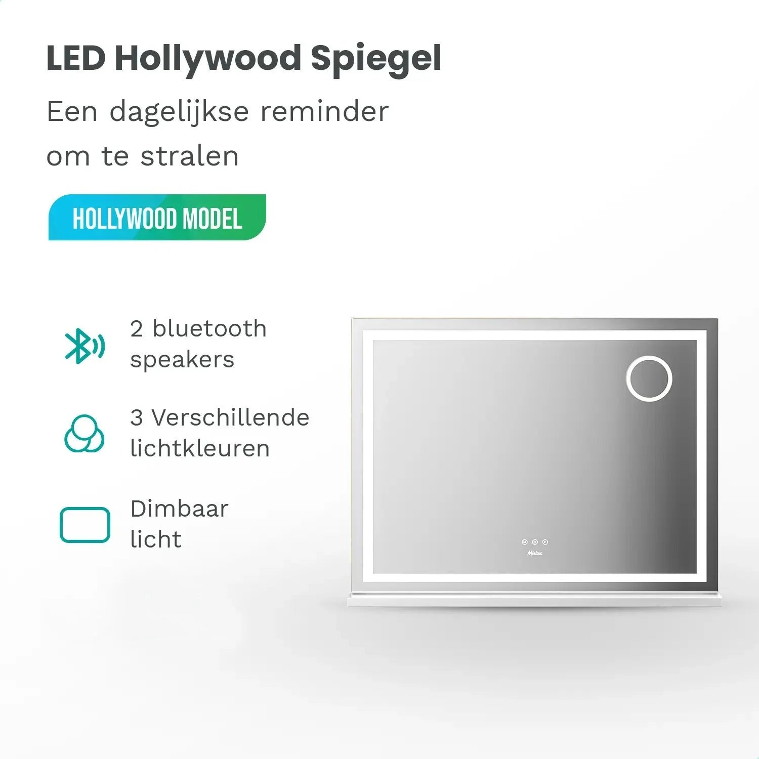 Een Hollywood spiegel met LED, 2 Bluetooth speakers en 3 lichtkleuren.