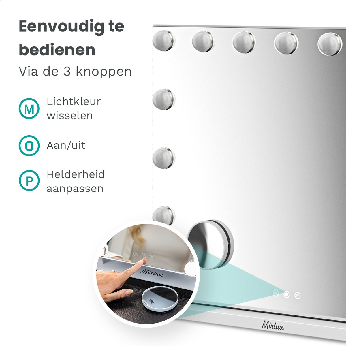 A mirror with lights and labels for light color, on/off, and brightness.