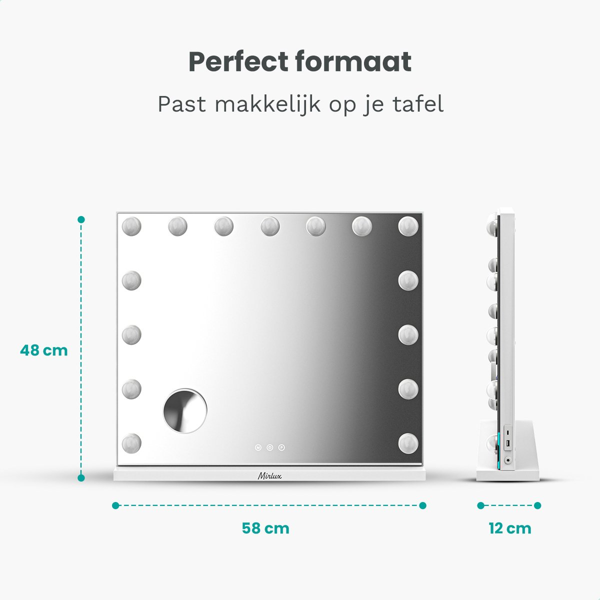 White vanity mirror with lights, 58x48x12cm. Dimensions are shown.