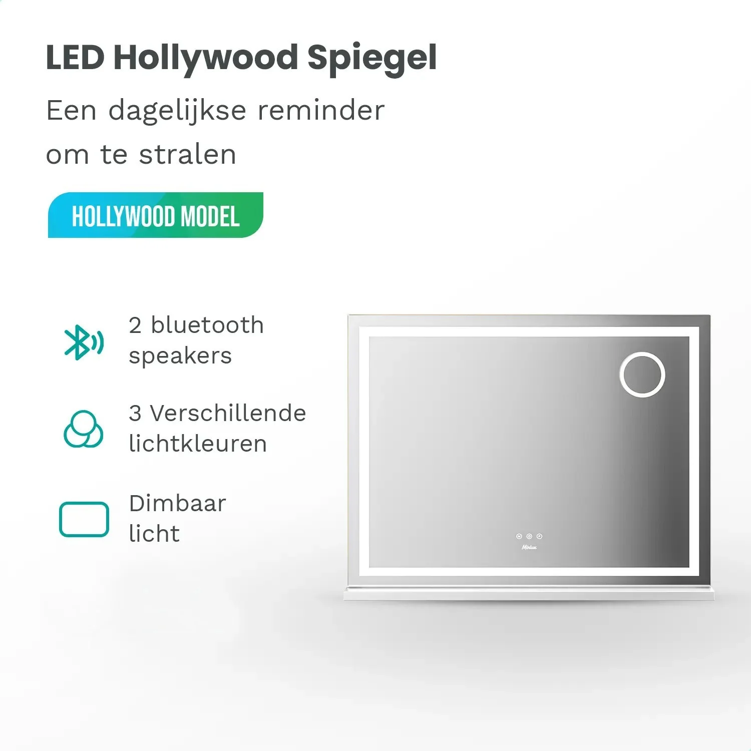 LED Hollywood spiegel met 2 Bluetooth speakers en 3 lichtkleuren.
