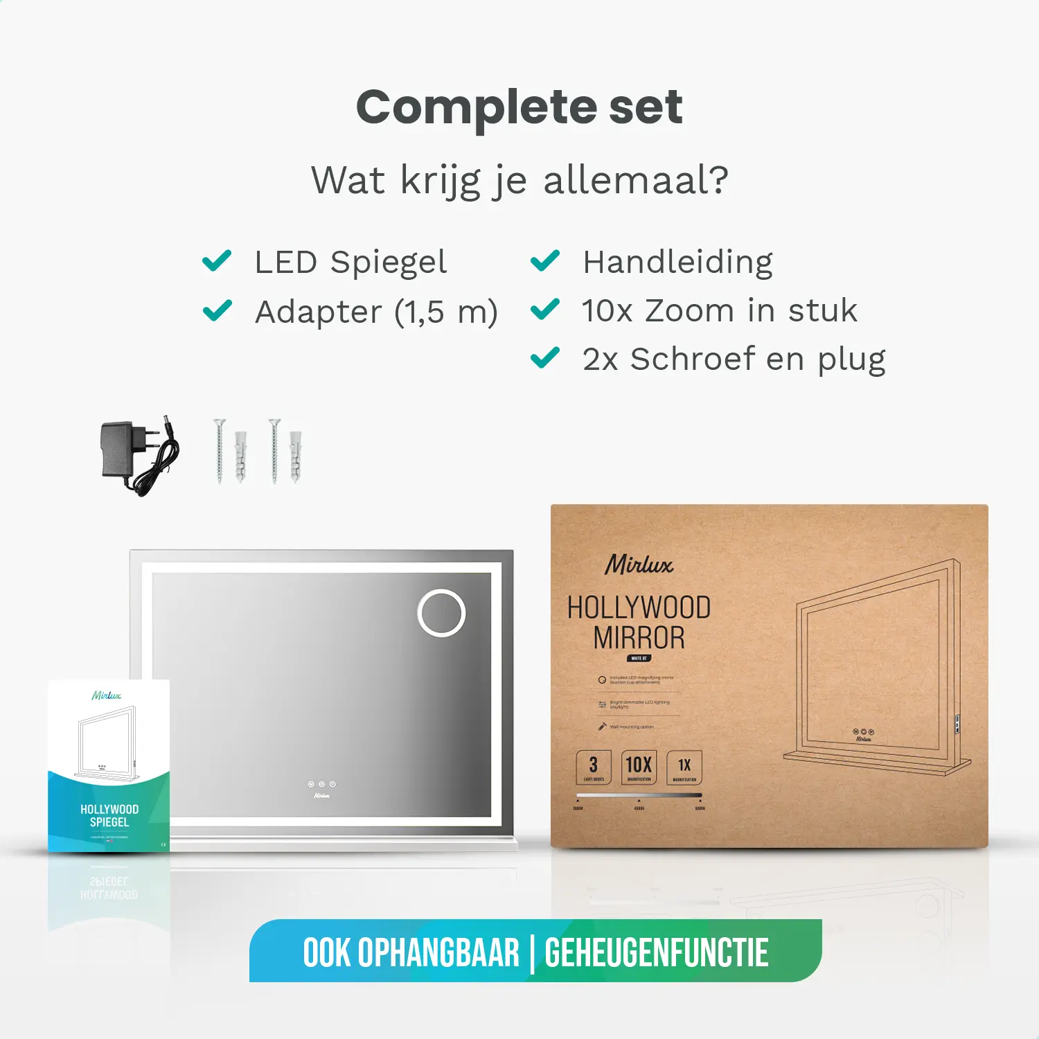 De leveringsinhoud voor de Mirlux Hollywood Spiegel wordt weergegeven.