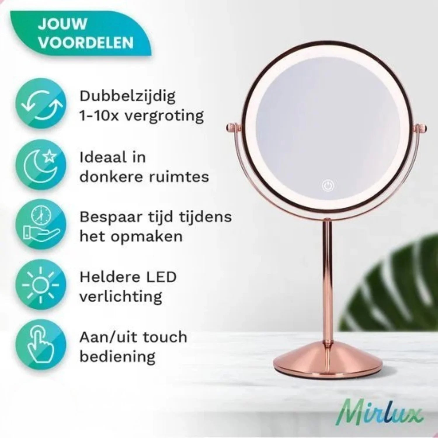 A round vanity mirror with LED lighting and a rose gold stand.