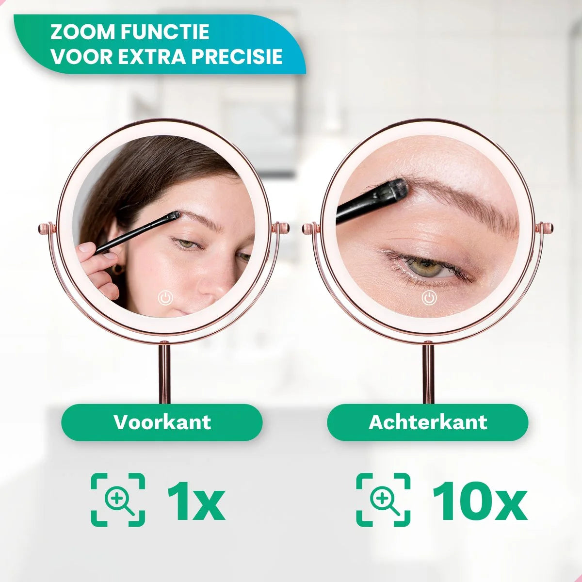 Two illuminated makeup mirrors showing 1x and 10x magnification.