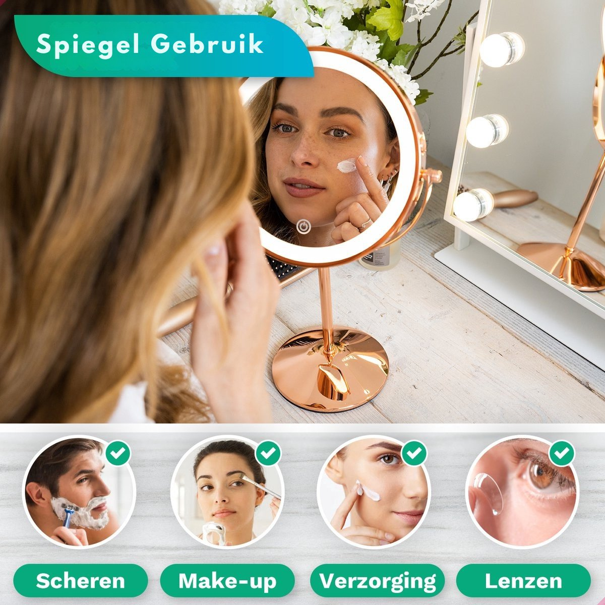 Woman applies cream; bottom: man shaves, woman applies makeup, cream, contact lens.