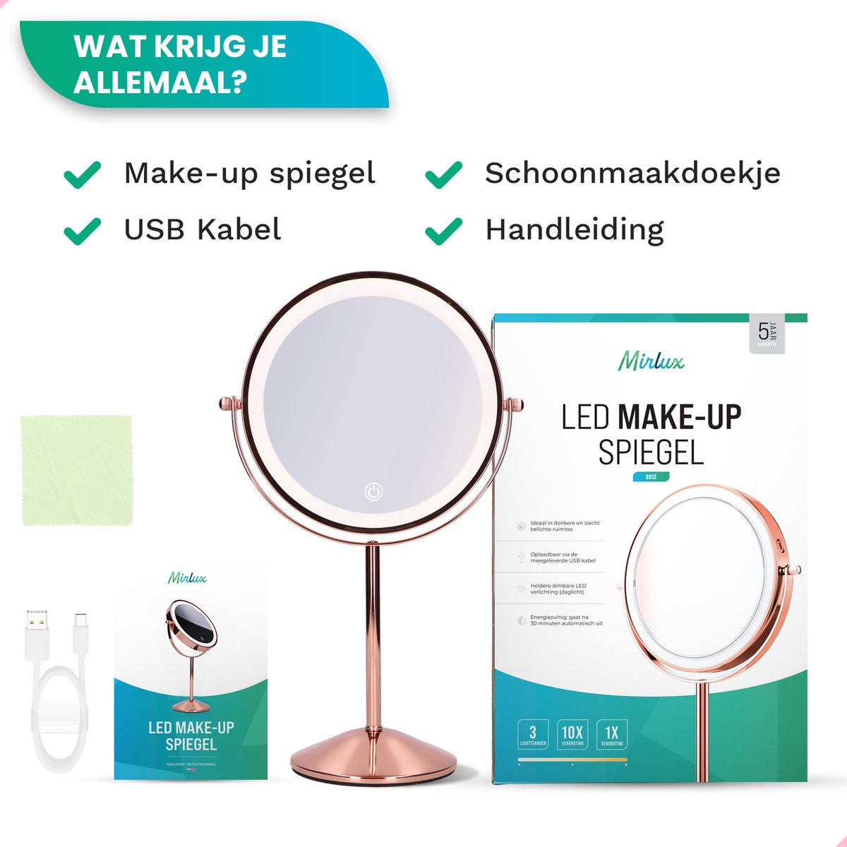 A rose gold LED makeup mirror with USB cable, cleaning cloth, and manual.