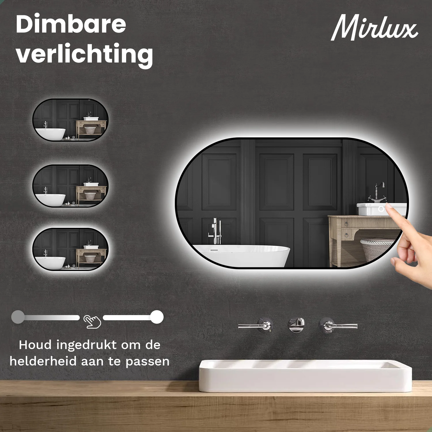 Badkamerspiegel met verlichting, touch-bediening en instelfunctie.