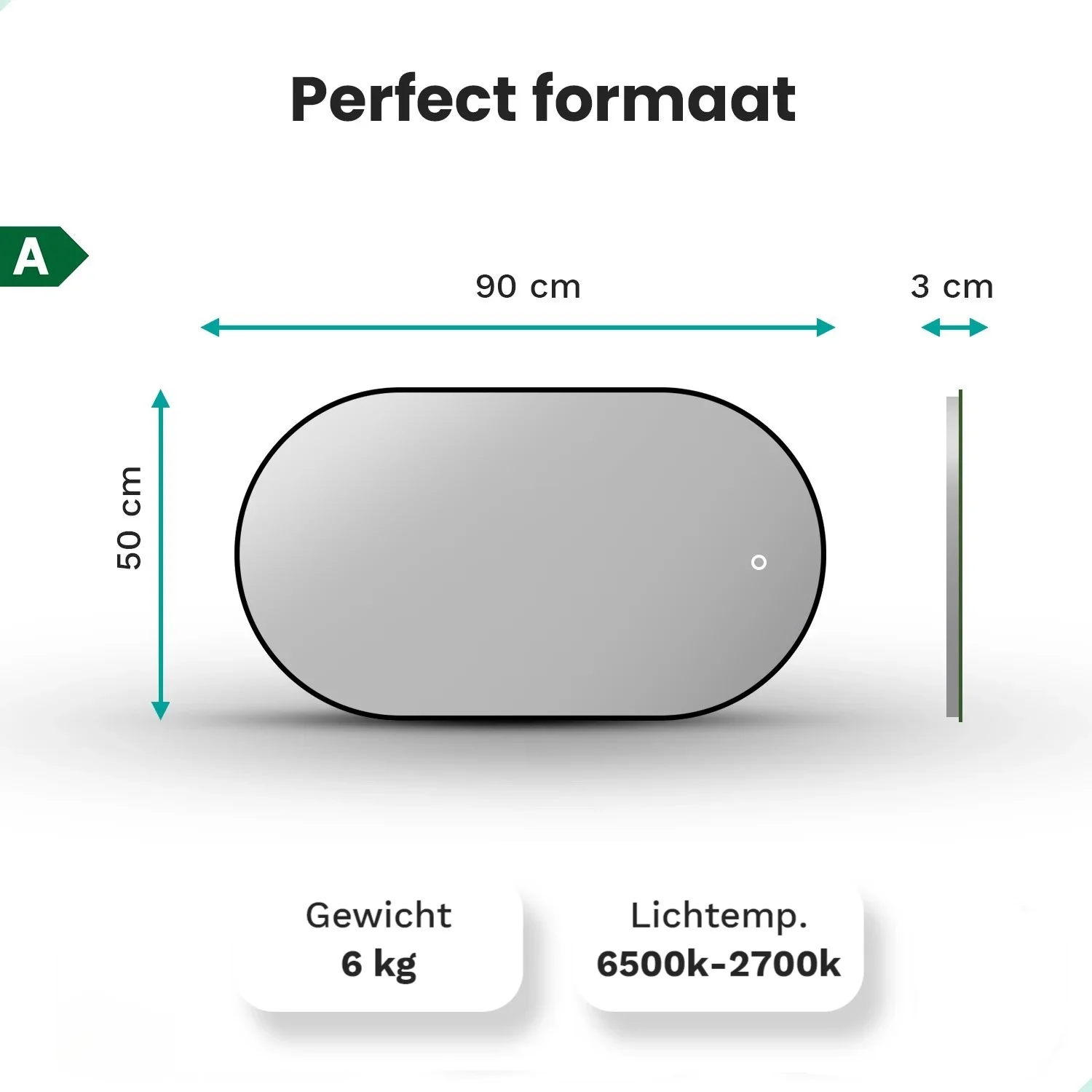 Ovaal spiegel 90x50cm, 3cm diep. Gewicht 6kg. Lichtkleur 6500K-2700K.
