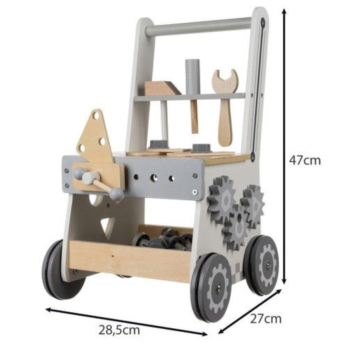 Carro de herramientas de madera con ruedas, herramientas, tornillos y engranajes. Dimensiones: 47x28,5x27cm.