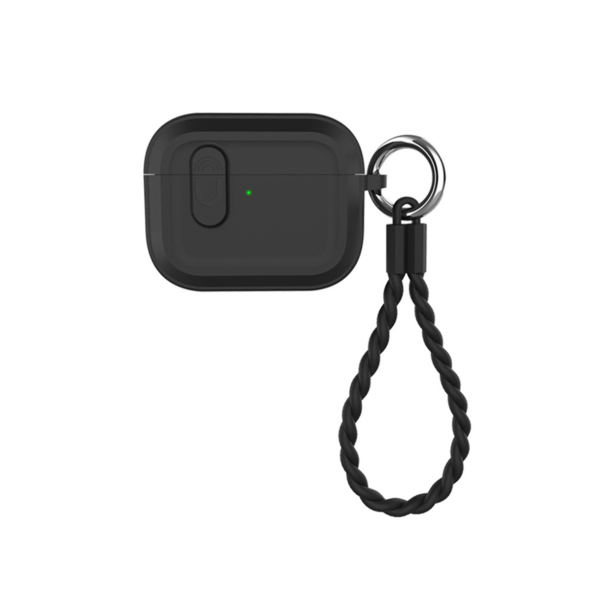 Schwarzes Etui mit einer grünen LED und einem geflochtenen Trageband.