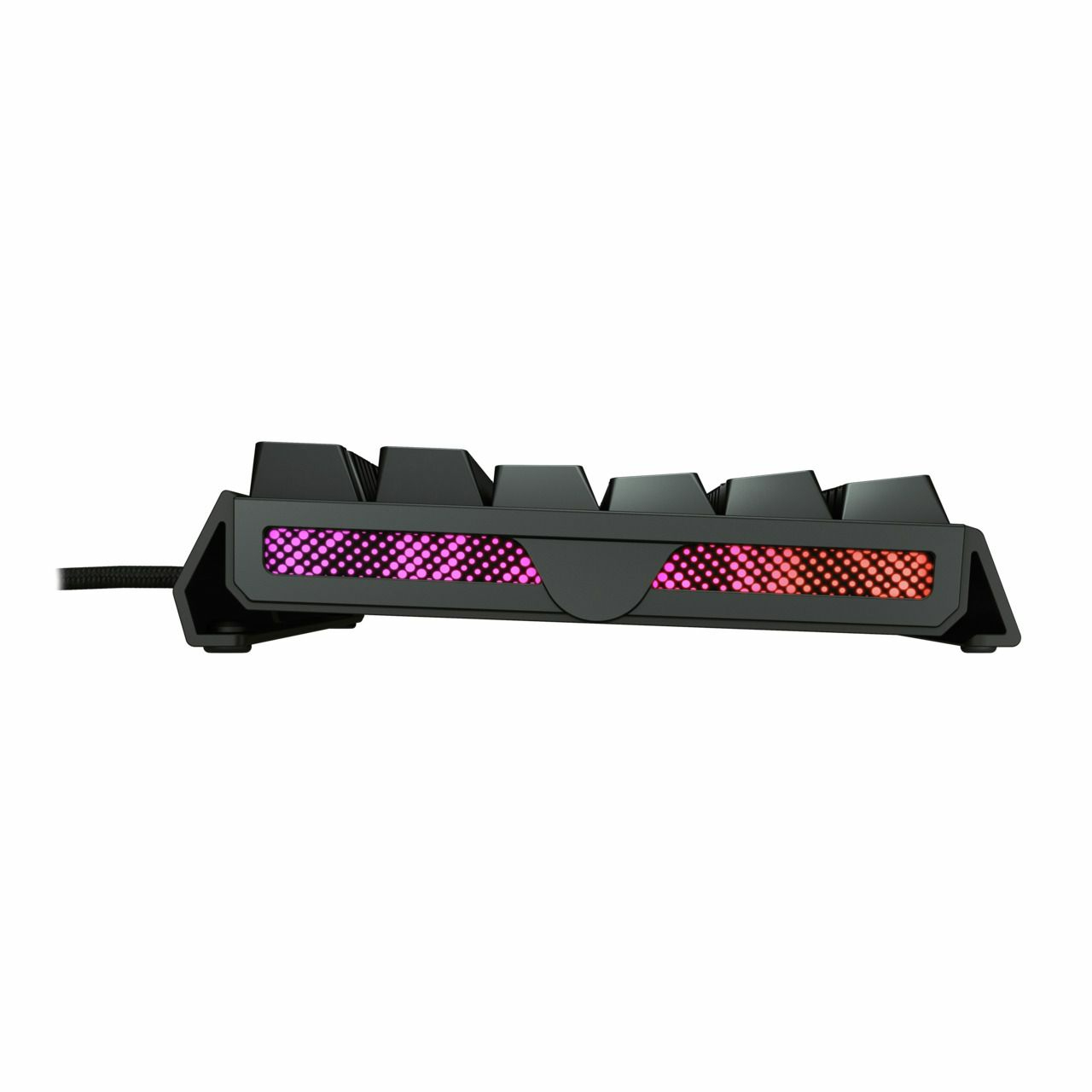 Zwart toetsenbord met RGB-verlichting, van de zijkant gezien.