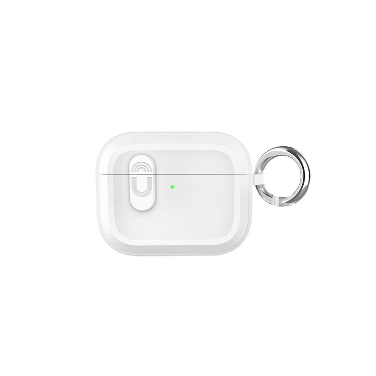 Weiße Hülle mit silbernem Ring und grünem Lichtpunkt.