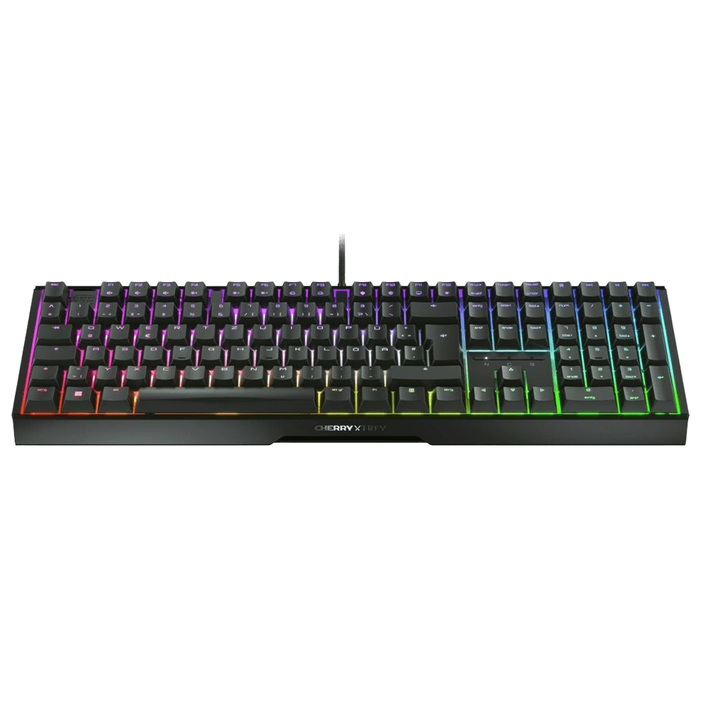 Zwart toetsenbord met RGB-verlichting, op een groene achtergrond.