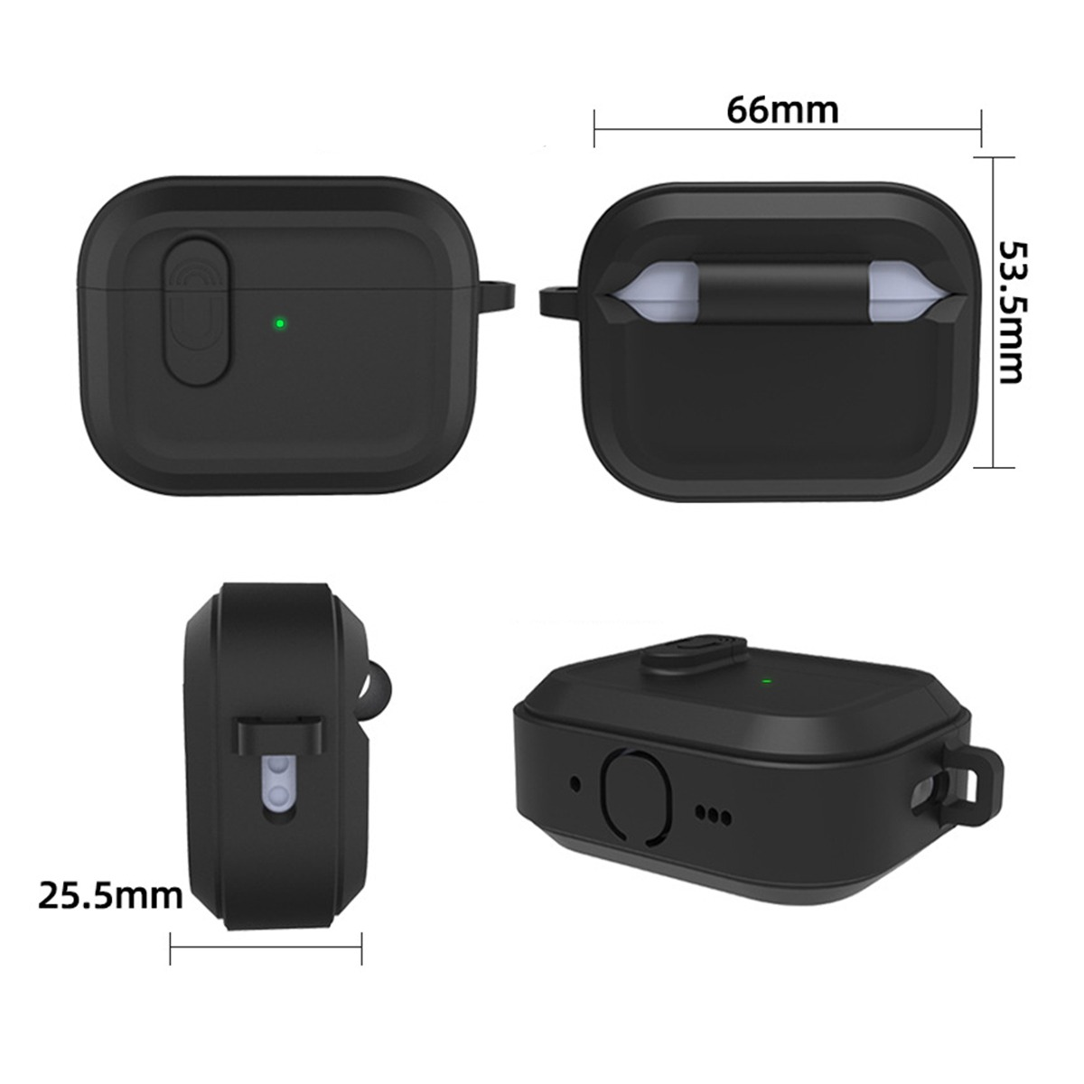 Schwarzes Ladeetui mit Abmessungen: 66x53,5x25,5mm. Grüne LED.