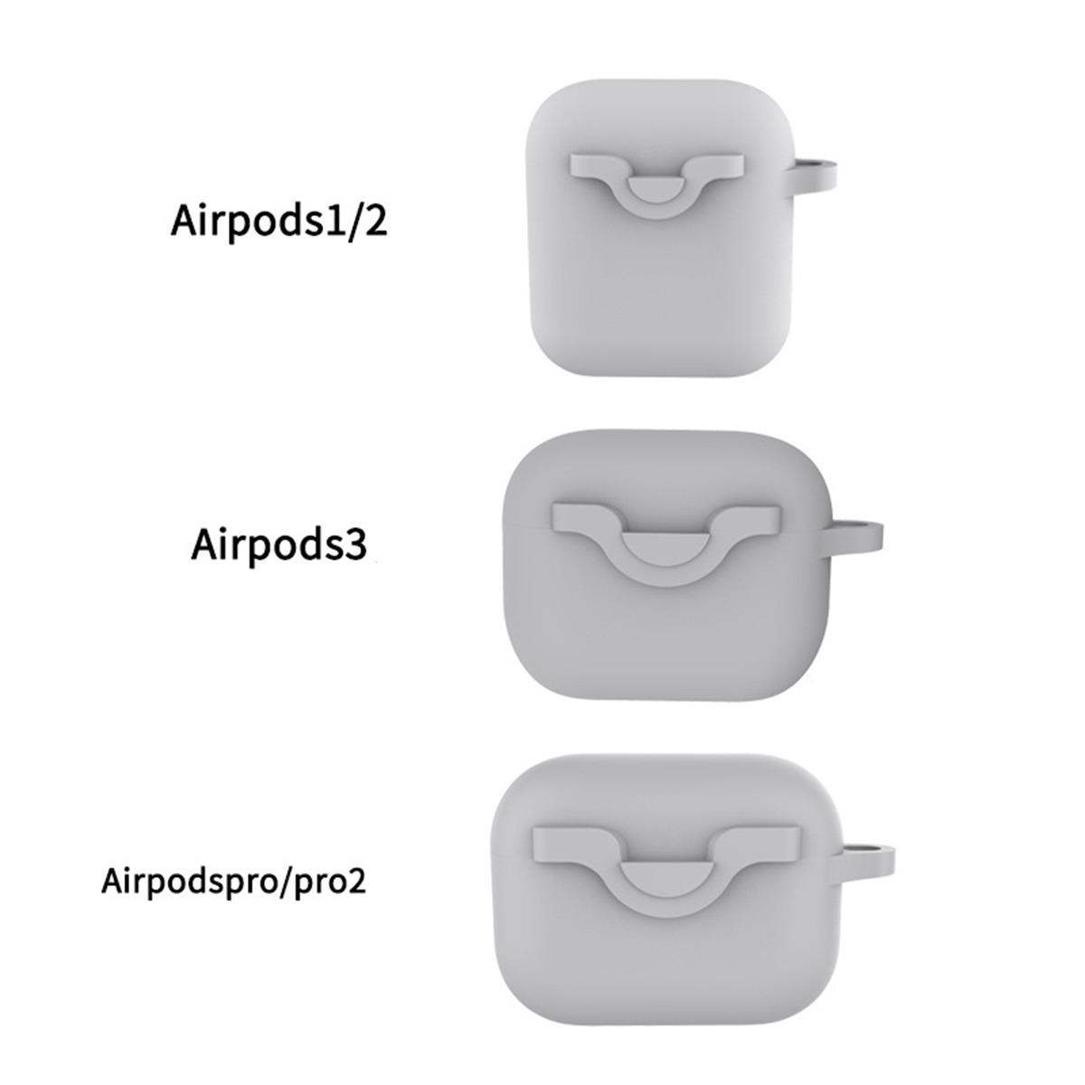 Drei graue AirPods-Hüllen nebeneinander, für verschiedene Modelle.