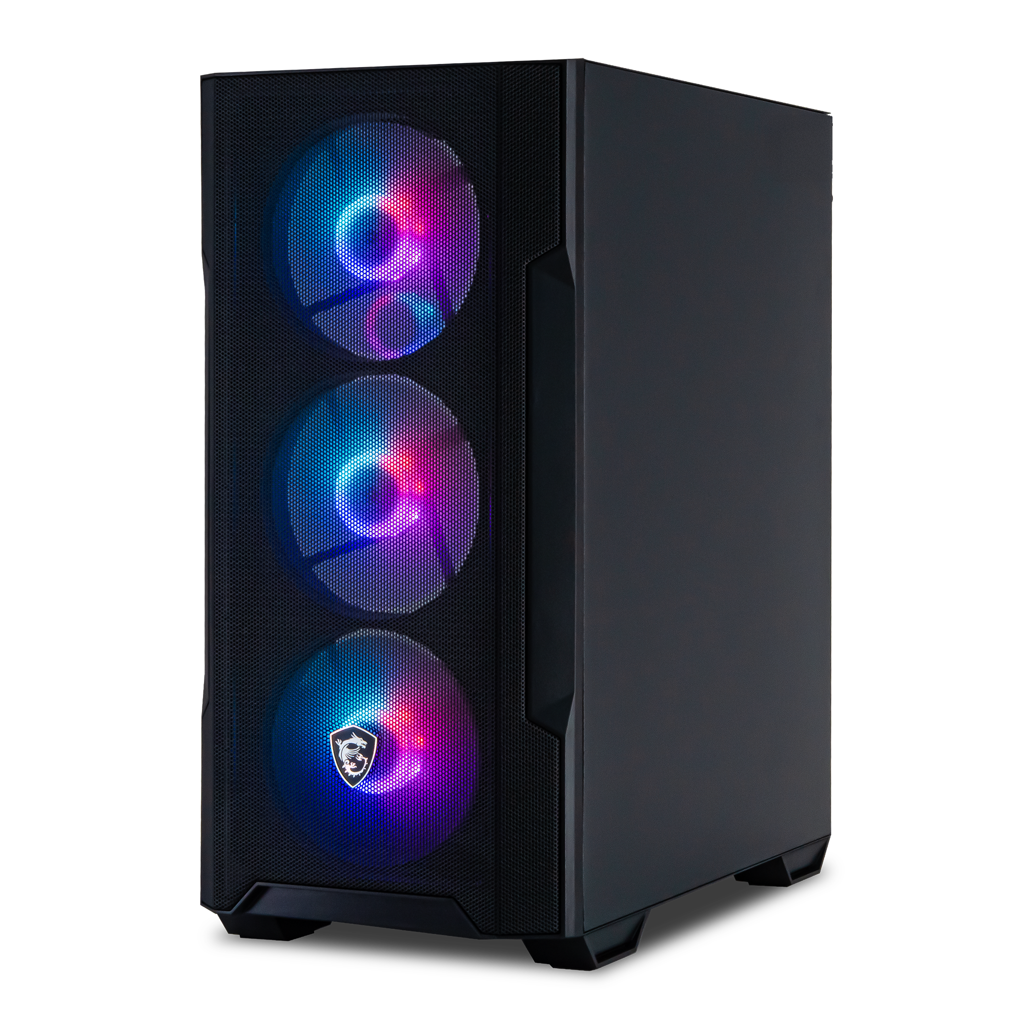 Zwarte pc-behuizing met drie verlichte ventilatoren en MSI-logo.