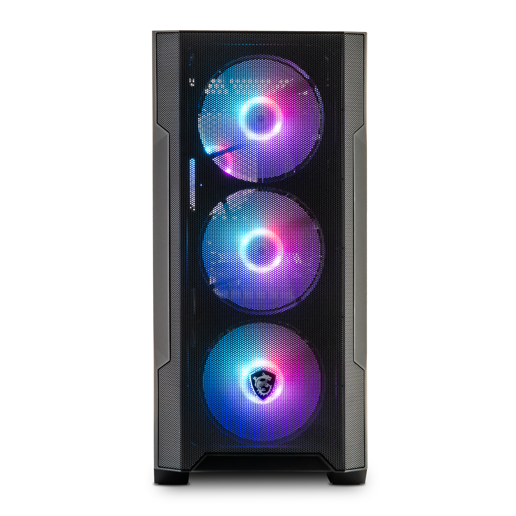 Een zwarte pc-kast met drie verlichte ventilatoren in blauwe, paarse en rode tinten.