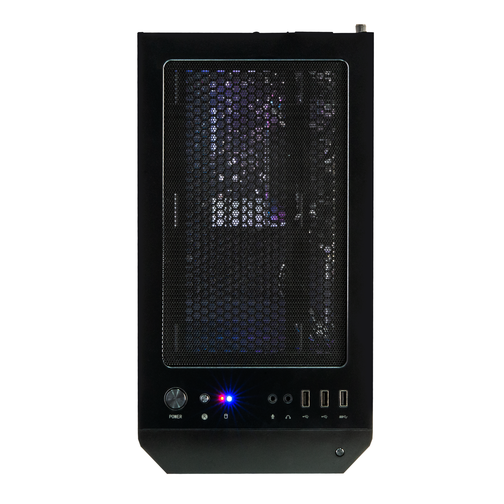 Een zwarte computertoren met blauwe en paarse lichten. Poorten aan de voorkant.