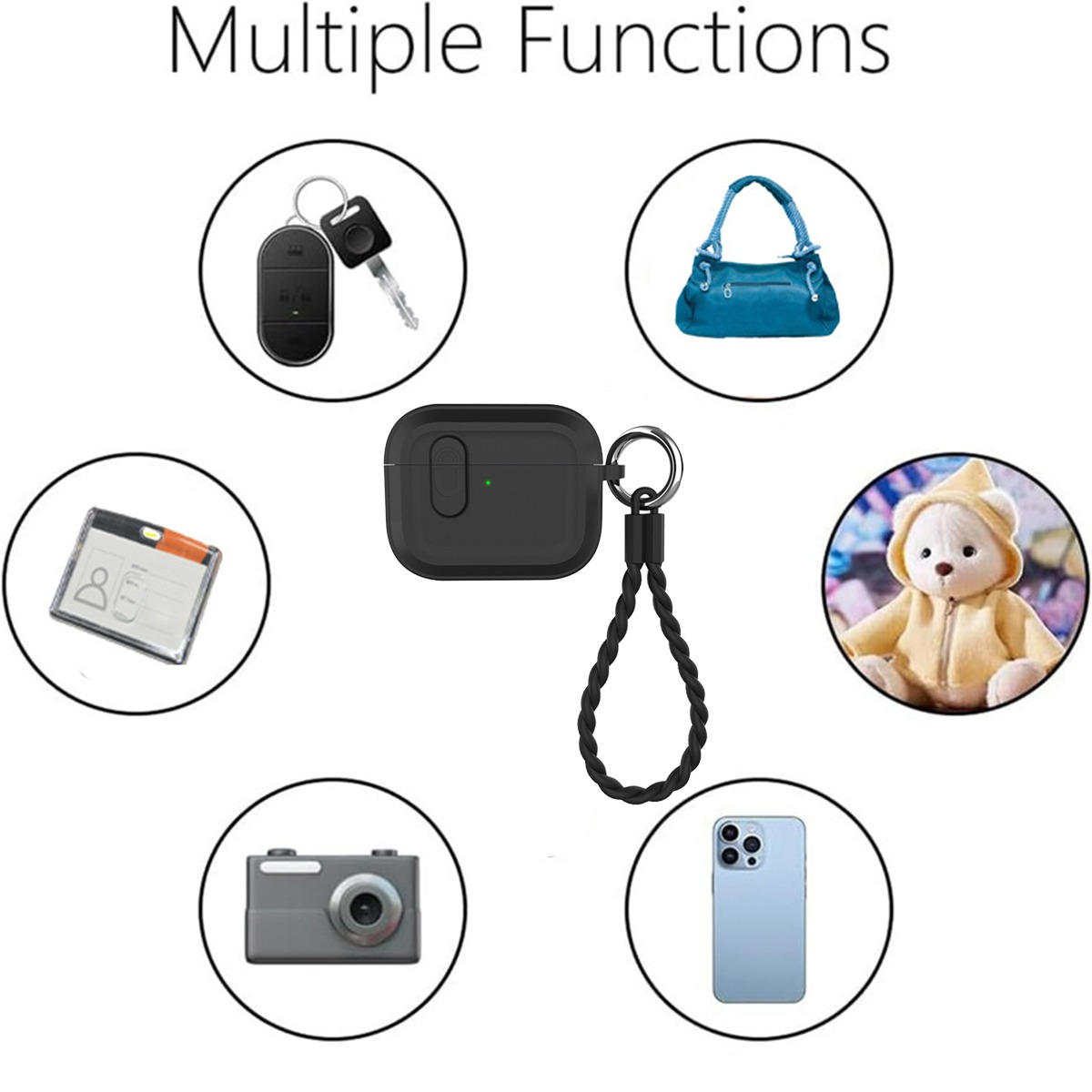 Eine schwarze Hülle mit Anhänger, neben einem Schlüssel, einer Tasche, einem Teddybär, einer Kamera und einem Handy.