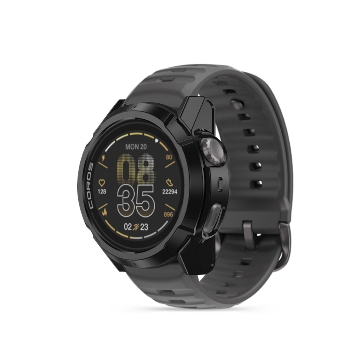 Eine schwarze COROS-Smartwatch mit grauem Armband zeigt Uhrzeit, Datum und Fitnessdaten.