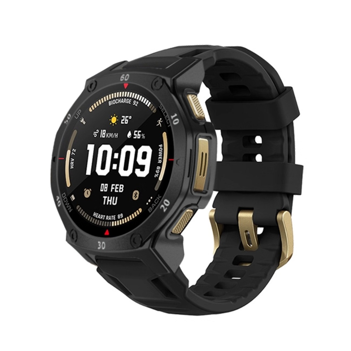 Smartwatch nero con accenti dorati. Mostra 10:09, data, temperatura e battito cardiaco.