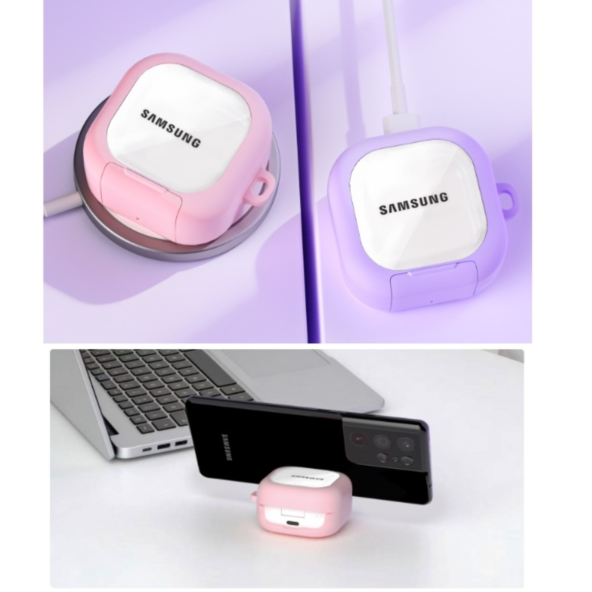 Carcasas de carga Samsung rosas y moradas, una en base de carga.