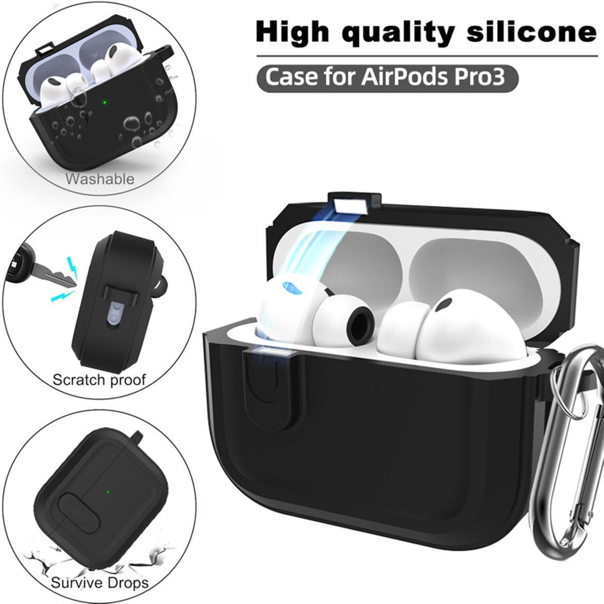 Schwarzes Etui für AirPods Pro 3 mit weißen Kopfhörern, silbernem Karabiner.