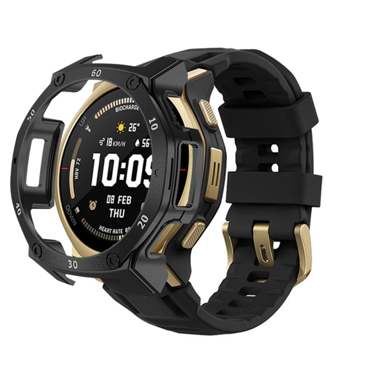 Orologio smart robusto nero e oro con display digitale che mostra ora, data e statistiche fitness.