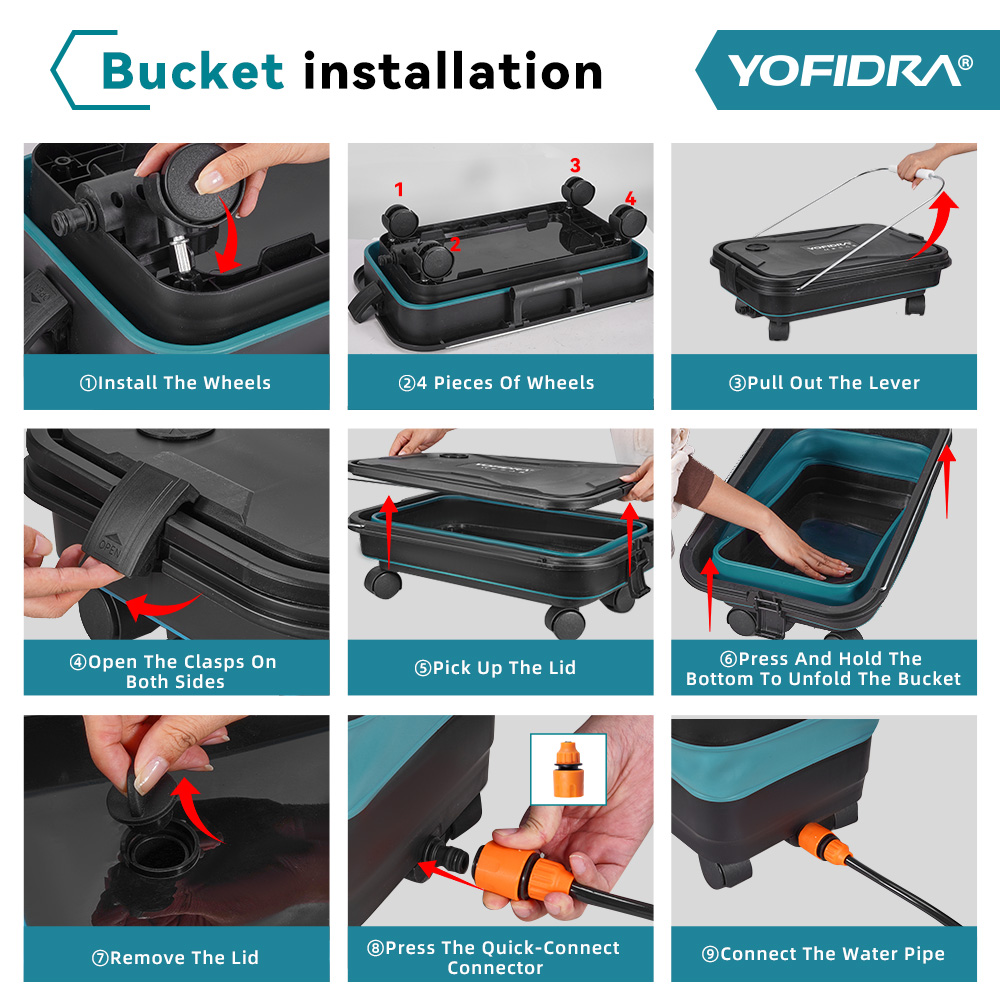 Guía paso a paso para instalar un cubo plegable con ruedas y conector de agua.