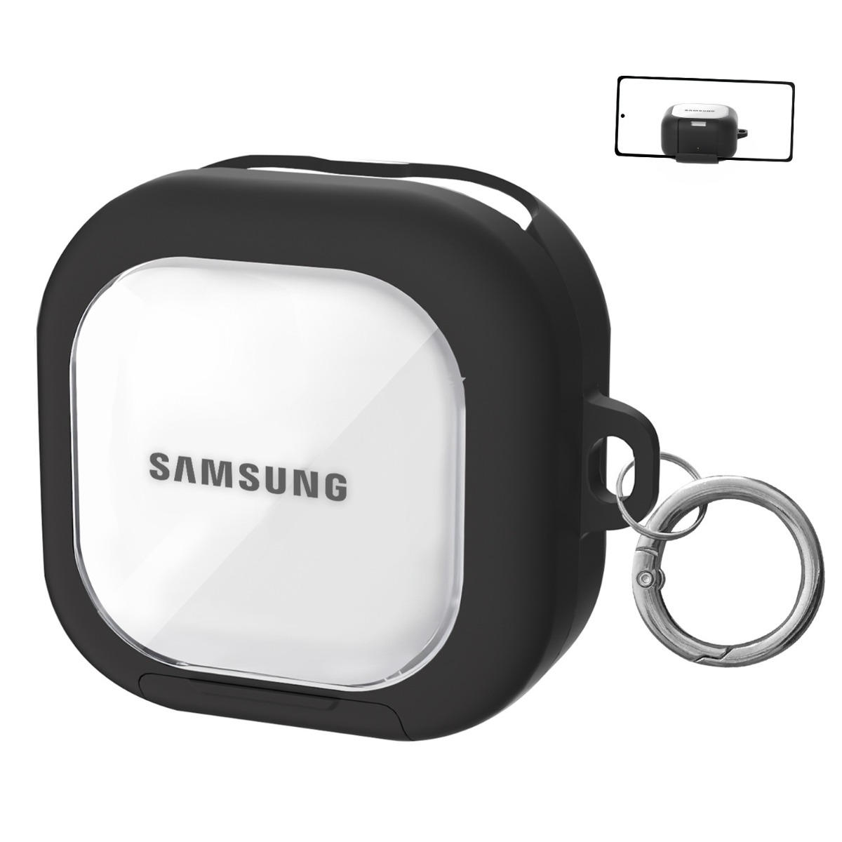 Schwarzes Samsung-Etui mit transparentem Fenster und Schlüsselring.