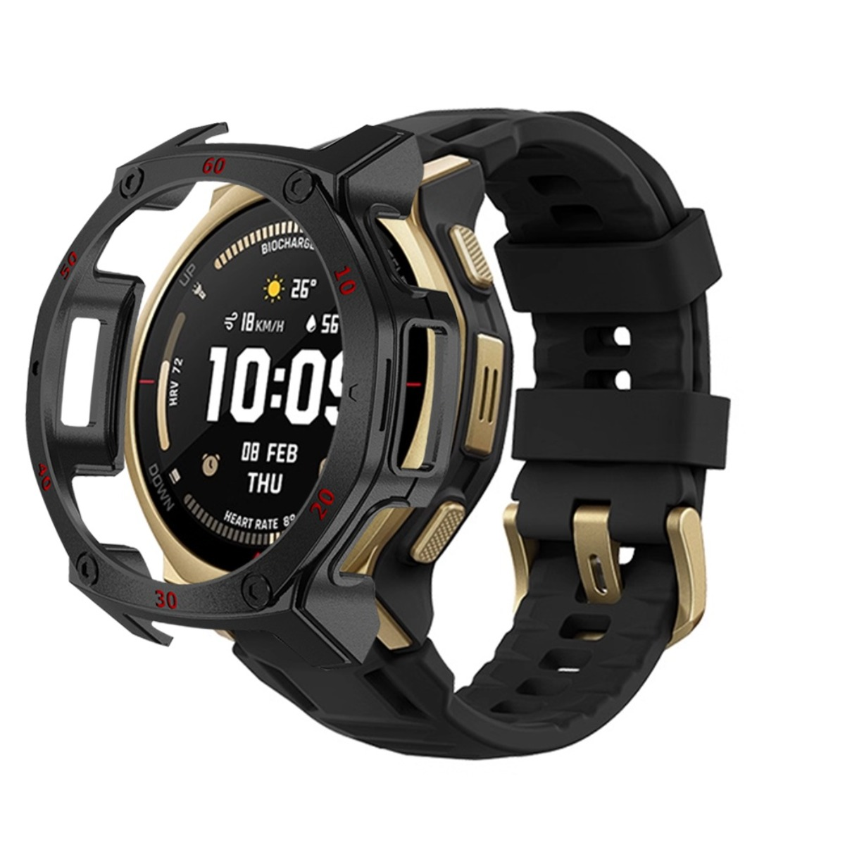 Smartwatch nero e oro con ghiera protettiva e cinturino in silicone. Mostra ora, data, temperatura e frequenza cardiaca.