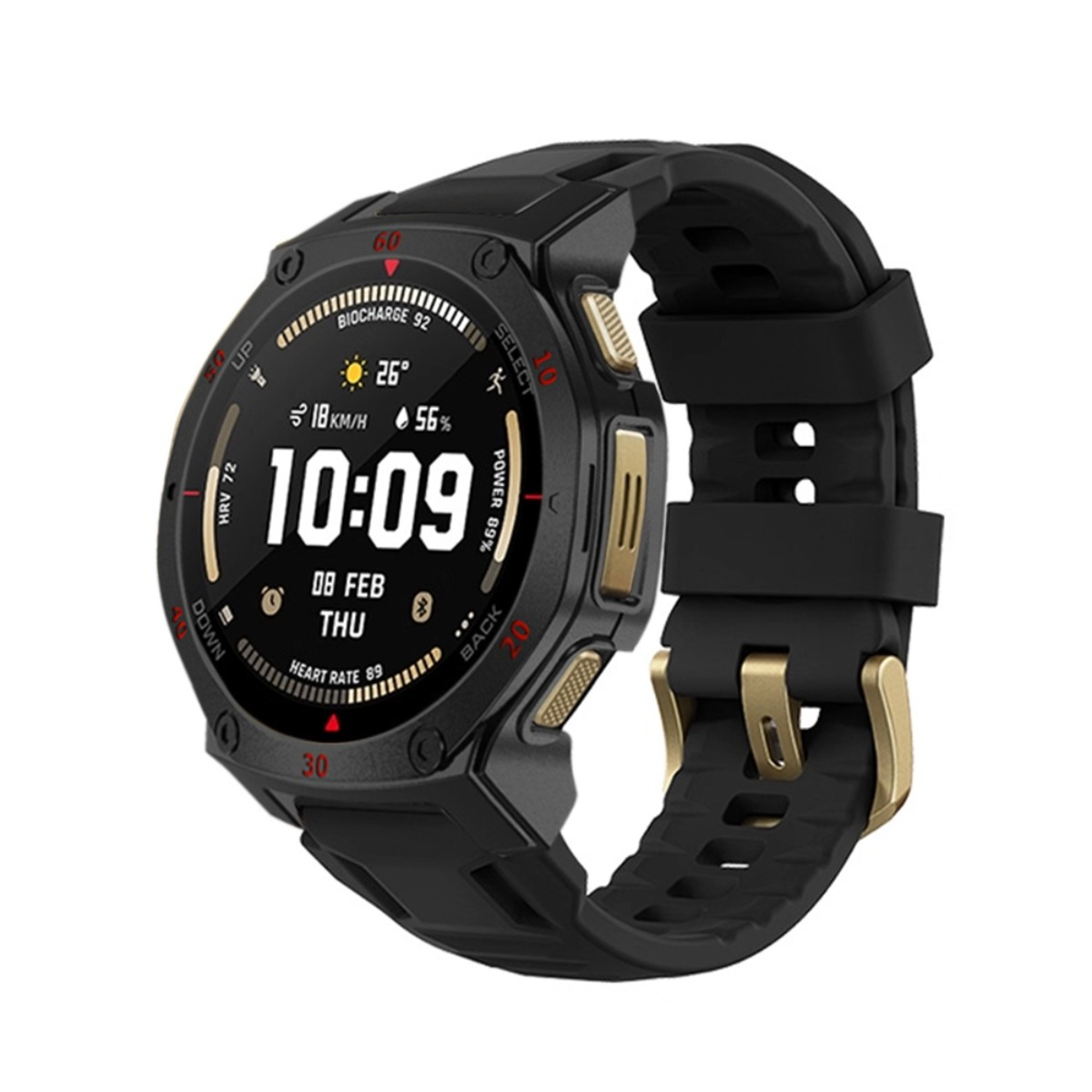 Uno smartwatch nero con accenti dorati mostra 10:09, 26 gradi e 89% di carica.