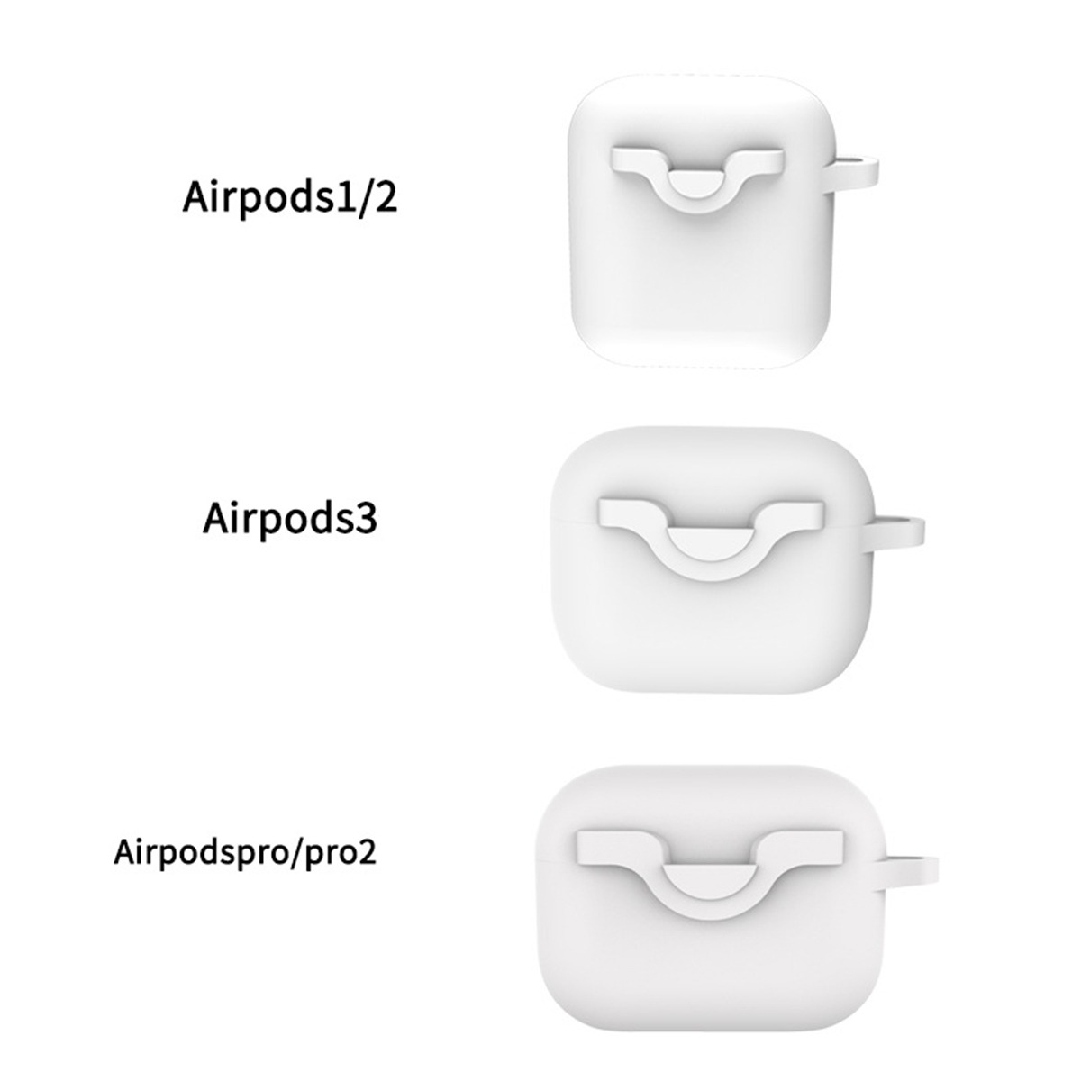 Drei weiße AirPods-Hüllen nebeneinander: für AirPods 1/2, AirPods 3 und AirPods Pro.