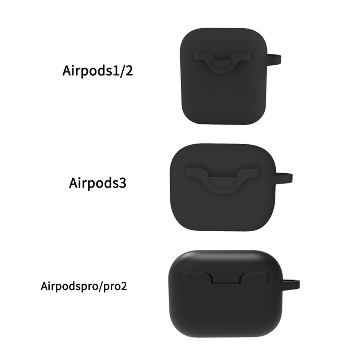 Tre custodie nere per AirPods una accanto all'altra.