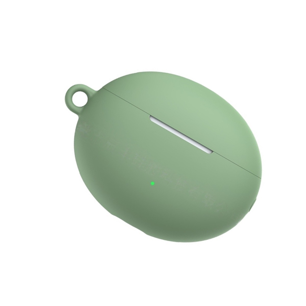 Eine grüne Kopfhörerhülle mit einem kleinen grünen Licht und einem Ring.