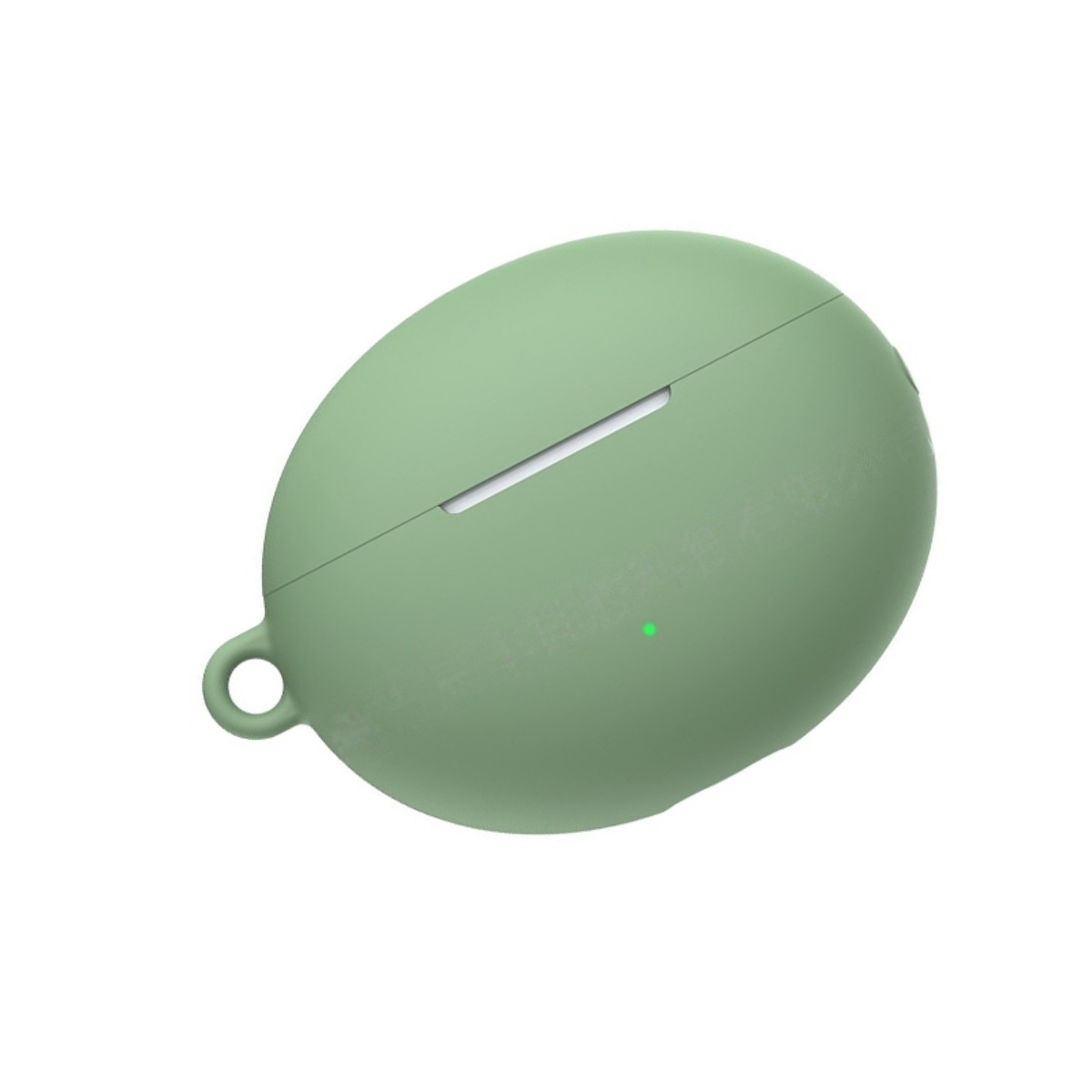 Grünes Etui für kabellose Ohrhörer mit einem kleinen Ring und einer Ladeanzeige.