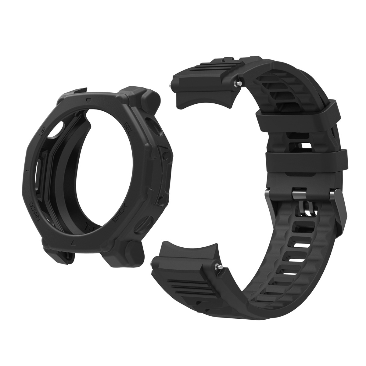 Cassa e cinturino neri per orologio su sfondo bianco.