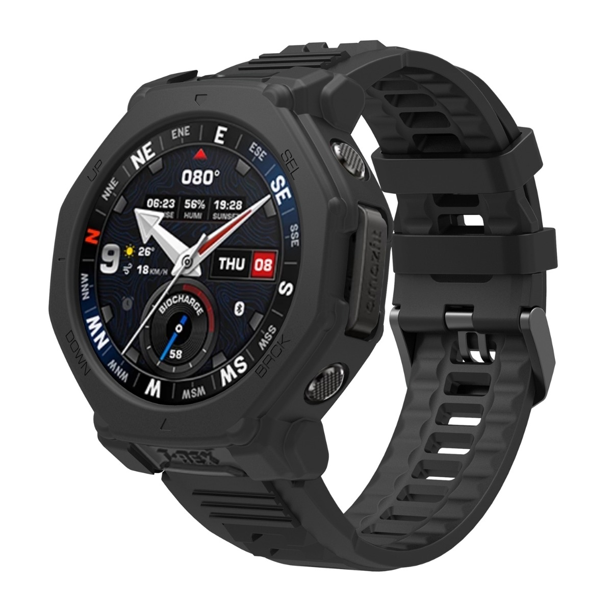 Smartwatch nero con cinturino nero e display bussola.