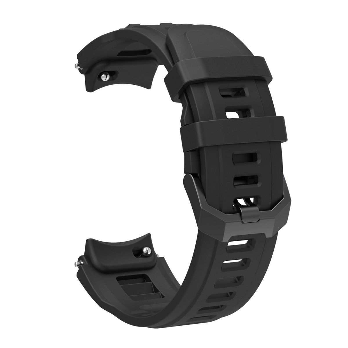 Un cinturino nero per orologio con perni argentati e fibbia in metallo.